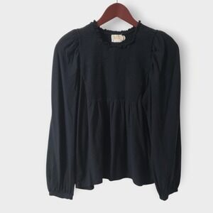 Nation LTD Womens Black Smocked Pima Cotton Long Sleeve Blouse Top Size M